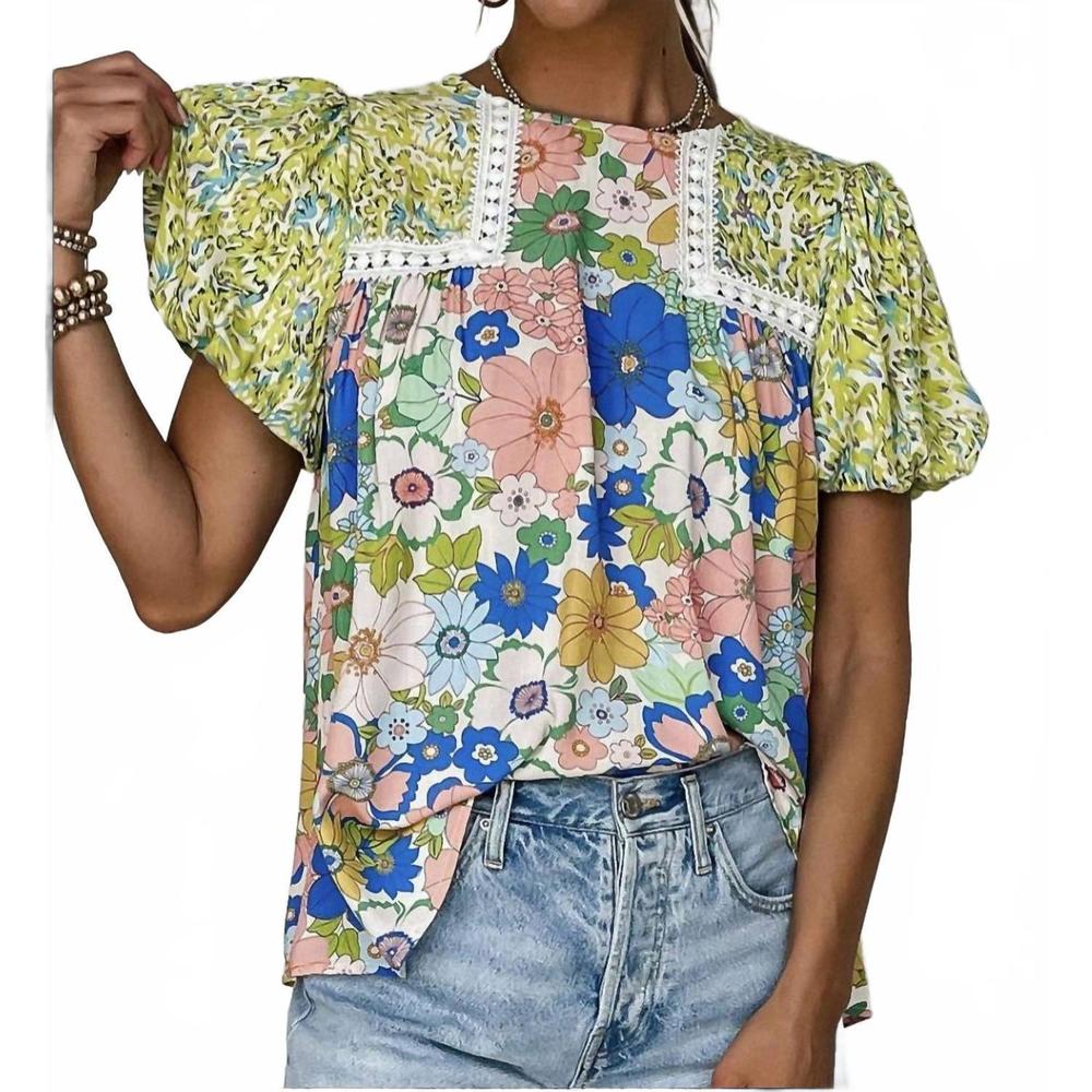 NEW DEAR LOVER bubble sleeve floral top in green